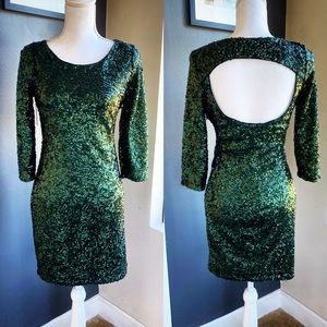 Express Dark Green Sequin Long Sleeve Mini Dress
